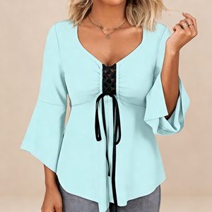 Oferta especial en Temu: Blusa informal con cuello en V, mangas acampanadas con cordones y dobladillo asimétrico para mujeres, ideal para atuendos diarios. - Product Image 2