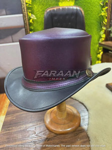 Chapeau Haut de Forme Personnalisé Fait Main en Cuir Noir Bourgogne Style Western Cowboy Steampunk à Large Bord avec Bande Concho Tendance pour Homme - Product Image 2