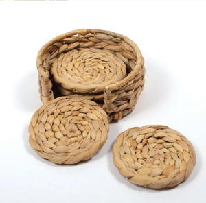 Handcrafted round rattan coasters with porcelain blue floral center inlay <b>for</b> drink <b>tables</b>, available at wholesale prices. - Product Image 2