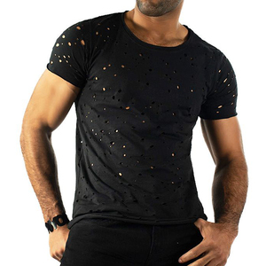 เสื้อยืดสไตล์ดิสเทรส ขาดรุ่ย แต่งรู ทรงสตรีทแวร์ คอกลม แขนสั้น เป็นมิตรต่อสิ่งแวดล้อม สวมใส่สบาย ตกแต่งด้านหน้าได้ตามต้องการ สำหรับผู้ชาย ผ้าฝ้าย 100% - Product Image 5