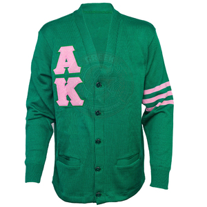Cardigan en acrylique tricoté vert pour homme, pulls pour femme, avec lettrage AKA grec rose, manches rayées, col en V, boutons sur le devant - Product Image 1