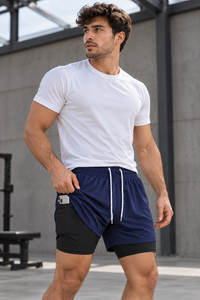 Shorts de sport pour homme personnalisés, couleur unie, taille haute, avec cordon de serrage, respirants, poches intégrées, pour entraînement de marathon en extérieur, bleu marine - Product Image 2