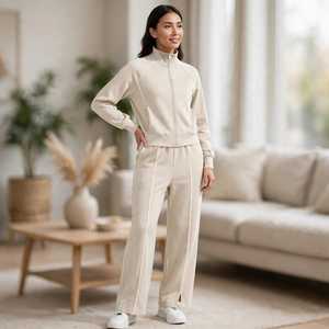 Conjunto Deportivo para Mujer de Color Sólido con Cierre de Cremallera, Chaqueta con Cuello Alto y Pantalones con Dobladillo Dividido - Product Image 6