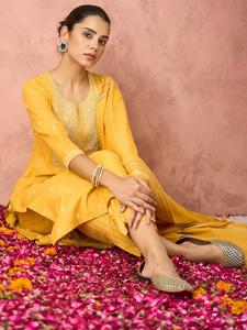 Traditional Indian Pakistani <b>Women</b> Cotton Straight <b>Suit</b> Set Yellow Embroidery Knee-Length Casual Wear Regular Fit Diwali <b>Wedding</b> - Product Image 1