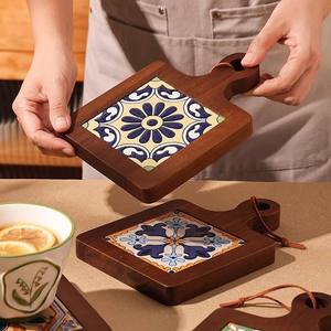 Sous-verres en bois avec motif carreaux méditerranéens, forme rectangulaire portable, impression numérique, artisanat écologique - Product Image 1