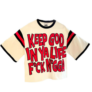 300GSM Oversized Cotton <b>Ringer</b> <b>T</b>-<b>Shirt</b> Puff Applique Letter Print Streetwear Custom Color OEM Wholesale Manufacturer - Product Image 1
