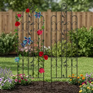 Black Metal Garden Trellis with Decorative Scroll <b>Leaf</b> Design Climbing Plant Support for Roses Vines Outdoor Yard Decor - Product Image 3