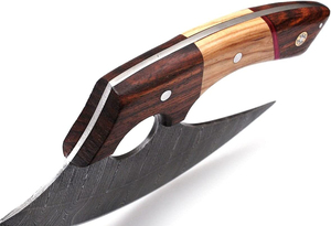Couteau de boucher Ulu à lame courbée avec manche en bois, planche à découper et bol, utilisation facile, en acier Damas, pour le camping, écologique, durable, pour la cuisine - Product Image 5