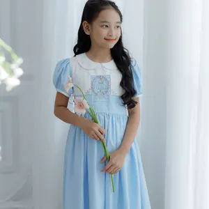 Vestido infantil bordado artesanal com miçangas, novo lindo vintage para bebês e meninas, vestido azul branco sem mangas para festas, Krysie