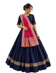 Traditional Indian Navy Blue <b>Lehenga</b> Choli with Pink Dupatta Floor Length Slim Fit Quick Dry Wedding Wear for <b>Women</b> - Product Image 3