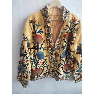 เสื้อแจ็คเก็ตซูซานีทำมือ สีเหลืองมัสตาร์ด ปักลายดอกไม้ สไตล์โบฮีเมียน ผ้าฝ้าย เสื้อคลุมผู้หญิง - Product Image 1
