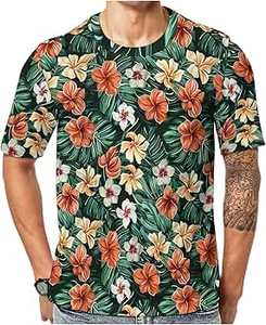 Camiseta estampada para hombre de estilo hawaiano con diseño de rayas florales, tela suave y transpirable para salidas tropicales de verano. - Product Image 2