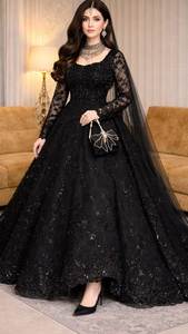 Elegant <b>Black</b> Sequin Anarkali <b>Dress</b> Floor-Length Long Sleeve Indian <b>Pakistani</b> Wedding Wear Women's Traditional Formal Gown - Product Image 3