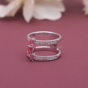 Bague double bande en argent sterling 925 massif avec diamant rose fantaisie cultivé en laboratoire certifié IGI, taille émeraude, style ouvert et tendance - Product Image 2