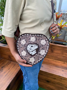 Best Seller Hair on Tooled Leather Heart Shaped Crossbody Bag for Women's Western Genuine Leather Floral Purse Cowhide Handbags - Product Image 3