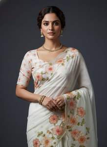 Sari de organza de seda con estampado floral, perlas y bordes de trabajo manual, sin arrugas, de secado rápido, para fiestas. - Product Image 2