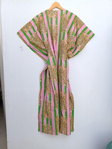 Premium Women Pink Green Tiger Print Cotton Kaftan <b>Dress</b> <b>Boho</b> Safari Resort Wear Maxi <b>Dress</b> - Product Image 2