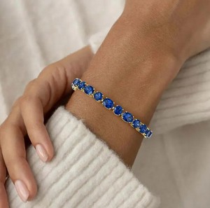 Lab Grown Blue Sapphire Charm <b>Bracelet</b> 925 Sterling Silver Gold Plated Elegant September Birthstone Jewelry Gift Women - Product Image 3