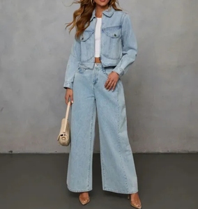Women 2025 Spring Denim Suit Jacket and <b>Pants</b> Set Oversize Casual Chic Wide Leg Jumpsuit Alternative with Pockets - Product Image 4