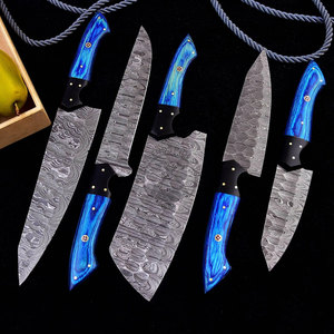 New Edition Custom Handmade Damascus Steel 5-Piece <b>Kitchen</b> Chef <b>Knife</b> Set Blue Pakkawood Handles Full Tang Straight Edge - Product Image 2