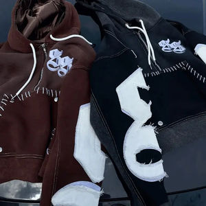 Conjuntos de Sudadera con Capucha de Algodón y Felpa de Corte Holgado y Pantalones Deportivos Acampanados del Fabricante, con Apliques Personalizados y Parches Bordados con Efecto Desgastado - Product Image 5