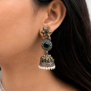 Direct Factory Oxidized <b>Silver</b> Two-Tone Flower Jhumka <b>Earrings</b> | Indian Bohemia Stone Dangle <b>Drop</b> <b>Earrings</b> | Wholesale Supplier - Product Image 2