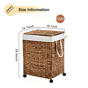 Cesto de Ropa Plegable Tejido con Jacinto de Agua Natural, con Tapa y Ruedas - Product Image 6
