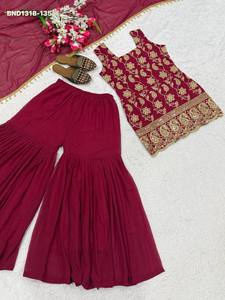 Kurta corta y Sharara-Dupatta de georgette sintético con bordado floral y paisley, diseño de diseñador, venta al por mayor - Product Image 6