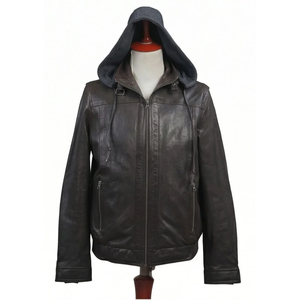 Meilleure veste en cuir avec capuche pour homme, veste en cuir PU noir avec fermeture éclair et doublure en fausse fourrure, style moto - Product Image 5