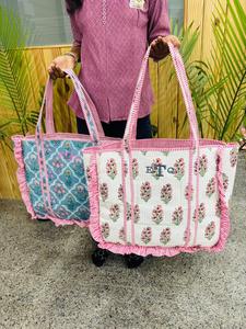 Sac fourre-tout à volants en coton pur matelassé, motif floral, grande capacité, réutilisable, pour femme - Product Image 2