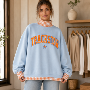 Light Blue Womens Mock Neck Sweatshirt <b>Orange</b> Varsity Applique Gingham Trim Embroidered Border Trackstar Custom OEM Pullover - Product Image 1