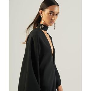Robe de soirée élégante noire en satin, coupe fourreau et évasée, col en V, manches trois-quarts, longueur cheville, fente latérale, écologique, couleur personnalisable - Product Image 4