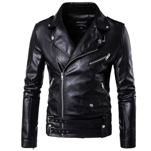 Custom Mens PU Leather Biker Jacket Asymmetrical Zip Belted Slim Fit Motorcycle Jacket Punk Style OEM - Product Image 1
