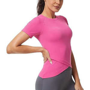 Camiseta Deportiva Asimétrica de Manga Corta con Cuello Redondo Rosa para Mujer, Color Sólido, Tejido de Punto, Secado Rápido, Corte Ajustado, Top de Primavera/Verano - Product Image 5