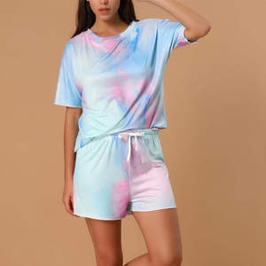 Ensemble deux pièces tie-dye pour femme, short et haut à manches courtes col rond, coupe ample, décontracté, respirant, tricoté, pour le printemps et l'été - Product Image 3