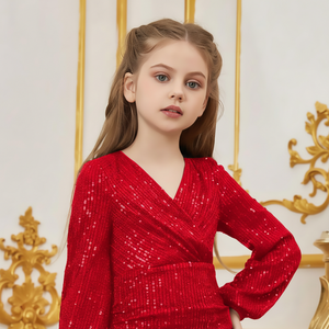 Vestido Corto Rojo de Lentejuelas para Niña, Listo para Enviar, Vestido de Terciopelo con Bordado para Fiesta de Cumpleaños Infantil, Vestido Formal para Boda, Venta al Por Mayor - Product Image 5