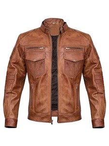 Mens <b>Slim</b> <b>Fit</b> Motorcycle Brown Leather <b>Jacket</b> - Product Image 1