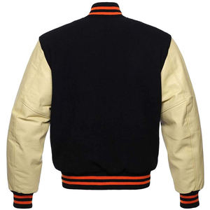 Veste de style universitaire pour homme, noire et crème, manches en simili cuir, doublure matelassée, bordure côtelée rayée, mode streetwear urbaine - Product Image 2