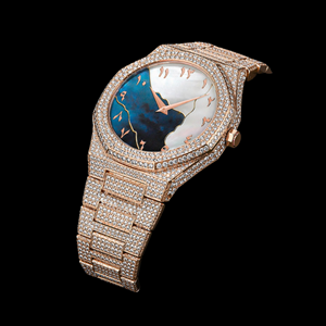 Reloj de Oro Rosa con Diamantes Incrustados y Esfera Artística de Dos Tonos, Reloj de Pulsera de Lujo con Pavé Completo - Product Image 1