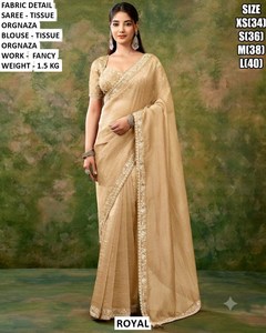 Royal Beige <b>Tissue</b> Organza Saree With Fancy Work Blouse For Women <b>Wedding</b> Wear Regular Fit Floor Length Size XS To L - Product Image 1