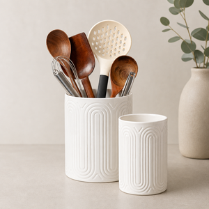 Embossed Ceramic Utensil Holder <b>Set</b> Textured Surface High <b>Fired</b> Strength Chip Resistant Stable Kitchen Counter Storage Organizer - Product Image 1