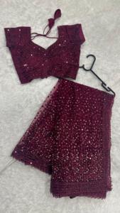 Sari indien traditionnel pour occasions spéciales, en tissu filet avec travail de sequins, matériaux recyclés, pour mariage, tenue élégante pour femmes - Product Image 6
