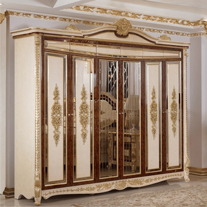 Armario de Madera Maciza Europeo Clásico de Alta Gama, Armario de Lujo en Color Marfil, Nogal y Dorado con Espejo, Muebles Elegantes para Dormitorio - Product Image 5