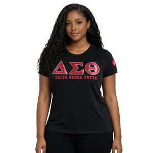 Delta Sigma Theta Black Sequin Patch Tee for Women Comfortable Fit Premium Fabric Greek Sorority Apparel Casual Wear - Product Image 1