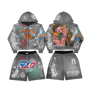 Conjunto de Sudadera con Capucha y Pantalones Cortos para Hombre, Estampado de Grafiti, Cierre de Cremallera, Estilo Urbano, Gris, Poliéster y Algodón - Product Image 1