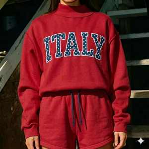 Women <b>Mock</b> <b>Neck</b> <b>Top</b> Styled With Shorts Aligned Set Warm Cozy Easy Comfort Comfortable Daily Style Clothing - Product Image 1