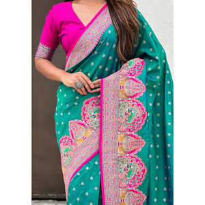 Green <b>Pashmina</b> Darbari Silk Saree with Zari Woven Indian & Pakistani Clothing - Product Image 5