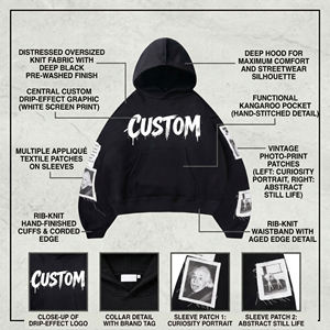 Sudadera con capucha extragrande personalizada con logotipo, para hombre, negra, de algodón tejido, informal, para otoño. - Product Image 6