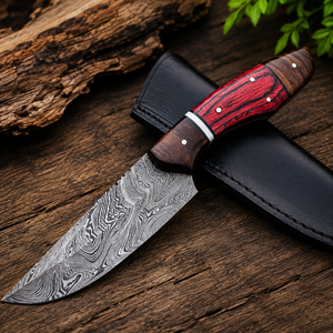 Couteau de chasse artisanal en acier Damas, personnalisé, pour le camping en plein air, manche en bois, étui en cuir, longueur totale de 12 pouces, lame à pointe clip. - Product Image 1