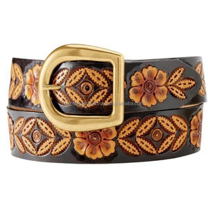 Cinturón de herramientas de cuero occidental de grano completo negro en relieve floral tallado a mano clásico para unisex con juego de hebilla de latón - Product Image 2